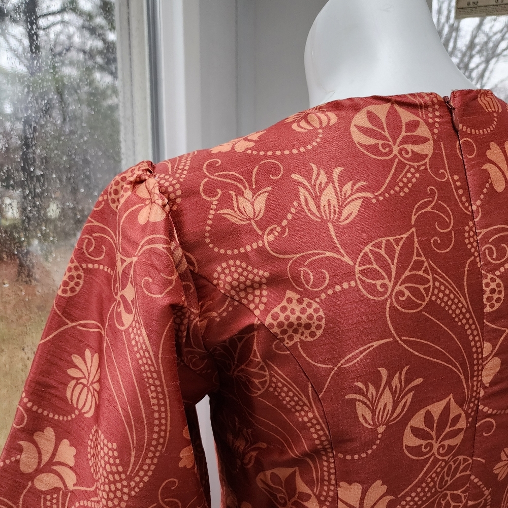 Eshakti Burnt Orange Floral Print Banded High Waist Pleated Taffeta Midi Skirt - Picture 6 of 16